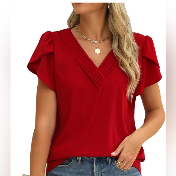 🎤🎉 Fayenne V Neck Ruffle Short Sleeve Blouse Sz L - Picture 11 of 12